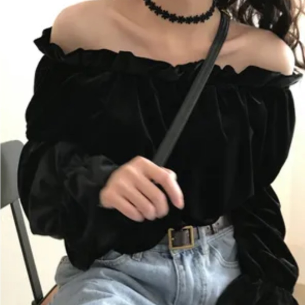 Reformation Black Off-Shoulder Velvet Blouse, Peasant Sleeves, Medium